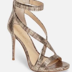 Imagine Vince Camuto Textured Metallic Taupe Strappy Ankle-Heel Sandals